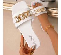 Ciabatte da donna alla moda LangMoon 2026 con punta quadrata, catena in metallo bianco, semplice tomaia bianca pura + lussuosa decorazione con doppia catena di strass, suola morbida antiscivolo e dure