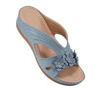 Ciabatte da donna estive con zeppa, ciabatte da donna estive con fiori, scarpe sportive bohémien, sandali da spiaggia aperti, con punta bassa, antiscivolo, in rete traforata, Blu, 37 EU