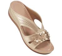 Ciabatte da donna estive con zeppa, ciabatte da donna estive con fiori, scarpe sportive bohémien, sandali da spiaggia aperti, con punta bassa, antiscivolo, in rete traforata, gold, 37 EU