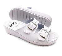 Ciabatte Donna con Doppia Fascia Pantofole Sanitarie Sandali Fibbia Regolabile in Vera Pelle Punta Aperta (Bianco, Sistema Taglie Calzature EU, Adulto, Donna, Numero, Media, 37)