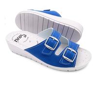 Ciabatte Donna con Doppia Fascia Pantofole Sanitarie Sandali Fibbia Regolabile in Vera Pelle Punta Aperta (Azzurro, Sistema Taglie Calzature EU, Adulto, Donna, Numero, Media, 40)