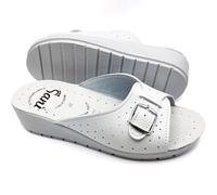 Ciabatte Donna Estive Comode Pantofole in Vera Pelle con Fibbia Regolabile a Punta Aperta Sandali Sanitari con Fascia (Bianco, Sistema Taglie Calzature EU, Adulto, Donna, Numero, Media, 36)