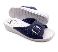 Ciabatte Donna Estive Comode Pantofole in Vera Pelle con Fibbia Regolabile a Punta Aperta Sandali Sanitari con Fascia (Blu, Sistema Taglie Calzature EU, Adulto, Donna, Numero, Media, 38)