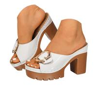 ciabatte donna estive eleganti Summer Fashionable Glossy Platform Chunky Heel Sandals Metal Square Strap High Heeled Mules European And Platform Height Increasing Wom espadrillas donna (White, 42)
