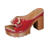 ciabatte donna estive eleganti Summer Fashionable Glossy Platform Chunky Heel Sandals Metal Square Strap High Heeled Mules European And Platform Height Increasing Wom espadrillas donna zeppa (Red, 38)