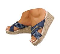 Ciabatte Donna Estive Sandali bohémien con strass da donna, zeppa alla moda, suola spessa, fascia elastica che alza la figura, sandali casual con plateau esterno traforato da (Blue, 39)