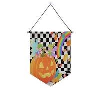 Ciao autunno autunno zucca a scacchi plaid appeso banner in tessuto con asta telescopica porta banner decorazioni da cortile all'aperto per ufficio, scuola, aula, dormitorio, casa