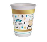 Ciao- Bicchieri Carta compostabili Buon Compleanno Shiny Gold (250ml), 8 Pezzi, Oro, Bianco, 34750
