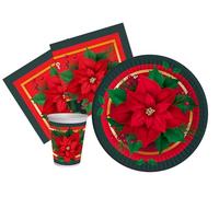 Ciao Kit Party Tavola Christmas Poinsettia per 8 persone (36 pezzi: 8 piatti Ø23cm, 8 bicchieri 250ml, 20 tovaglioli 33x33cm) in carta compostabile eco-friendly