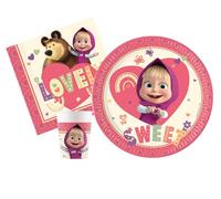Ciao- Kit Party Tavola Masha Sweet Heart Persone (88 Pezzi Piatti Ø23cm, 24 Bicchieri 200ml, 40 tovaglioli 33x33cm), Rosa, Beige, AZ092