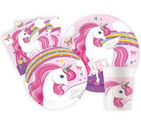 Ciao - Kit Party Tavola Unicorn Rainbow Colors per 24 persone (112 pezzi: 24 piatti Ø23cm, 24 piatti Ø20cm, 24 bicchieri 200ml, 40 tovaglioli 33x33cm) in carta FSC