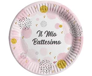 Ciao- Piatti Carta compostabili Battesimo (Ø18cm), 8 Pezzi, Rosa 16-21 cm, 34782