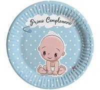 Ciao- Piatti Carta compostabili Primo Compleanno (Ø18cm), 8 Pezzi, Azzurro 16-21 cm, 34762