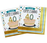 Ciao- Tovaglioli Carta compostabili Buon Compleanno 40 Shiny Gold (33x33cm, Doppio Velo), 20 Pezzi, Oro, Bianco, 34753