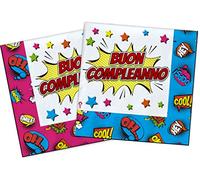 Ciao- Tovaglioli Carta compostabili Buon Compleanno Comics (33x33cm, Doppio Velo), 20 Pezzi, Multicolore, 34756