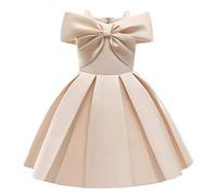Cichic Vestito da festa per ragazze con fiocco color champagne, abito plissettato per bambini, abito da principessa in raso, elegante, formale, ballo di fine anno, abito da sposa con spalle scoperte,