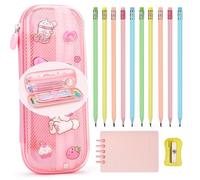 CICIGETI Astuccio Kawaii, Regalo Bambina & Bambino 5 6 7 8 9 Anni, Set Cancelleria con Astuccio Trasparente Rosa, 10 Matite, Temperino e Quaderno, Regalo Perfetto per Ritorno a Scuola e Compleanno