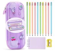 CICIGETI Astuccio Kawaii, Regalo Bambina & Bambino 5 6 7 8 9 Anni, Set Cancelleria con Astuccio Trasparente Viola, 10 Matite, Temperino e Quaderno, Regalo Perfetto per Ritorno a Scuola e Compleanno