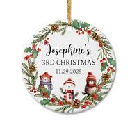 Ciciron Ornamento in ceramica personalizzato per il terzo Natale del bambino, nome e compleanno del bambino, design animale, cordino dorato incluso