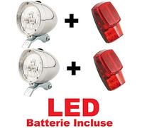 CicloSportMarket 2 x Kit Fanale Luce Anteriore + 2 x Fanale Posteriore al parafango LED Bicicletta Olanda - R - Graziella - Vintage - City Bike - Uomo/Donna - BATTERIE Incluse