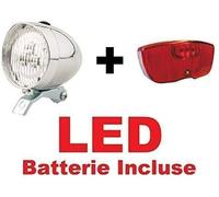 CicloSportMarket Kit Fanale Luce Anteriore Cromato + Fanale Posteriore al Portapacco LED + Campanello Argento Bicicletta Olanda - R - Graziella - Vintage - City Bike - Uomo/Donna - BATTERIE Incluse …