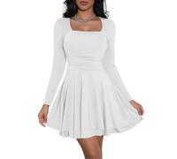 Cicy Bell Abito da donna a maniche lunghe, scollo quadrato, abito da festa, orlo con volant, corsetto, mini abito con vita arricciata, abito corto elegante aderente, bianco, XXL