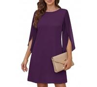 Cicy Bell Abito da Donna con Scollo Rotondo, Elegante, a Maniche a 3/4, in Tinta Unita, per Il Tempo Libero, al Ginocchio, Viola., S