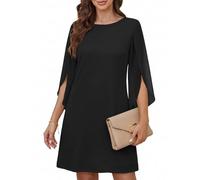 Cicy Bell Abito da Donna con Scollo Rotondo, Elegante, a Maniche a 3/4, in Tinta Unita, per Il Tempo Libero, al Ginocchio, Nero, XL