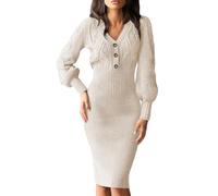 Cicy Bell Abito da donna in maglia con scollo a V, lunghezza al ginocchio, con bottone, sexy, a maniche lunghe, lungo, per l'inverno, arancione, L