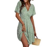 Cicy Bell Abito Estivo da Donna, Lunghezza al Ginocchio, a Maniche Corte, Scollo a V, con Motivo Floreale, Linea ad A, per Il Tempo Libero, Verde, M