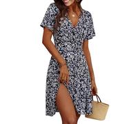 Cicy Bell Abito Estivo da Donna, Lunghezza al Ginocchio, a Maniche Corte, Scollo a V, con Motivo Floreale, Linea ad A, per Il Tempo Libero, Blu Scuro, S