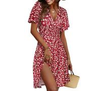 Cicy Bell Abito Estivo da Donna, Lunghezza al Ginocchio, a Maniche Corte, Scollo a V, con Motivo Floreale, Linea ad A, per Il Tempo Libero, Colore: Rosso, M
