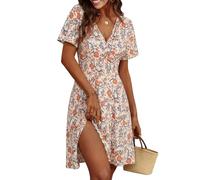 Cicy Bell Abito Estivo da Donna, Lunghezza al Ginocchio, a Maniche Corte, Scollo a V, con Motivo Floreale, Linea ad A, per Il Tempo Libero, Beige., M