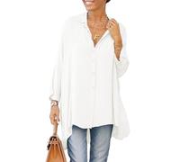 Cicy Bell Camicetta da Donna con Scollo a V T-Shirt a Maniche Lunghe in Raso con Bottoni Top a Tunica Casual, Bianco, XXL