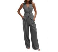 Cicy Bell Completo da donna in 2 pezzi, con gilet con scollo a V e pantaloni a gamba larga per il business casual, Grigio, M