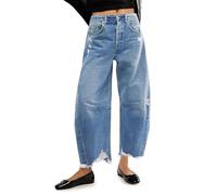Cicy Bell Jeans da Donna Larghi a Botte ritagliati Boyfriend Gamba Larga Orlo Grezzo Pantaloni in Denim, Azzurro Chiaro, 50