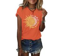 Cicy Bell Maglietta estiva da donna con stampa a sole e luna, scollo rotondo, a maniche corte, vintage, basic Shirts, Colore: arancione., XL