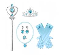 CIEHER Set di 6 tiara blu da principessa, collana, orecchini, anello | Tiara con strass a forma di cuore blu, bacchetta magica, collana, orecchini, anello, guanti con fiocco blu
