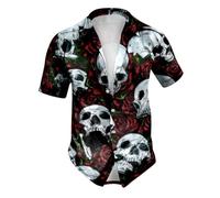 Cielo Blu Camicia a Maniche Corte da Uomo con Colletto e Bottoni Stampa Artistica Teschi e Rose Rosse Stile Gotico Horror Abbigliamento per Feste di Halloween Serate a Tema Cosplay di Carnevale M Lune