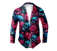 Cielo Blu Camicia a Maniche Corte da Uomo con Colletto e Bottoni Stampa Artistica Teschi e Rose Rosse Stile Gotico Horror Abbigliamento per Feste di Halloween Serate a Tema Cosplay di Carnevale M Lune