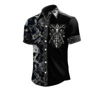 Cielo Blu Camicia a Maniche Corte da Uomo con Colletto e Bottoni Stampa Artistica Teschi e Rose Rosse Stile Gotico Horror Abbigliamento per Feste di Halloween Serate a Tema Cosplay di Carnevale M Lune