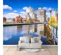 Cielo Blu Nuvole Bianche Città Edifici Fiumi 3D Carta Da Parati Facile Installare Mobili Sfondi Ufficio Divano Camera Letto Sfondo Decorazione Murale-300cm×210cm