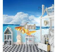 Cielo Blu Nuvole Bianche Oceano Creativo Pesciolini 3D Carta Da Parati Facile Installare Mobili Sfondi Ufficio Divano Camera Letto Sfondo Decorazione Murale-400cm×280cm