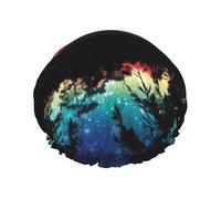 Cielo notturno con alberi cuffie da doccia per donne, cuffie da bagno elastiche e riutilizzabili, cuffia da doccia a doppio strato impermeabile, cuffie da doccia da bagno