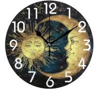 Cielo Stellato Della Luna Crescente Del Sole Dorato Rotondo Orologio Muro Silenzioso Quarzo Orologi Da Appendere Facile Lettura Orologio Da Parete Per Casa Bar Ufficio 25Cm