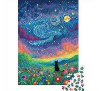 Cielo Stellato Puzzle 1000 Pezzi Puzzle per Adulti Campo Gatto Nero Gioco di Puzzle 1000 Pezzi Relax Famiglia Decorazione Regalo 38x26cm/1000pcs