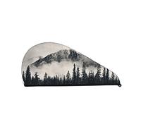Cifeprak Asciugamano per capelli con albero della foresta e montagna nebbiosa, asciugamano per asciugare i capelli con bottone, asciugamano per capelli in velluto corallo, cappello turbante per cape