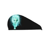 Cifeprak Cool Cyan Walking Wolf Pattern Asciugamano per capelli avvolgente, asciugamano per asciugare i capelli con bottone, asciugamano per capelli in velluto corallo, cappello turbante per capelli