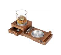 Cigar Ashtray Coaster Whiskey Glass Tray Wooden Ash Tray with Cigar Cutter