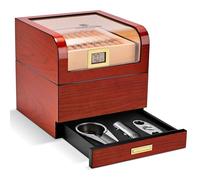 CIGARLOONG Humidor per sigari in legno di cedro con igrometro e umidificatore, grande umidificatore suddiviso con cassetto con tagliacigari, set di posacenere (rosso)